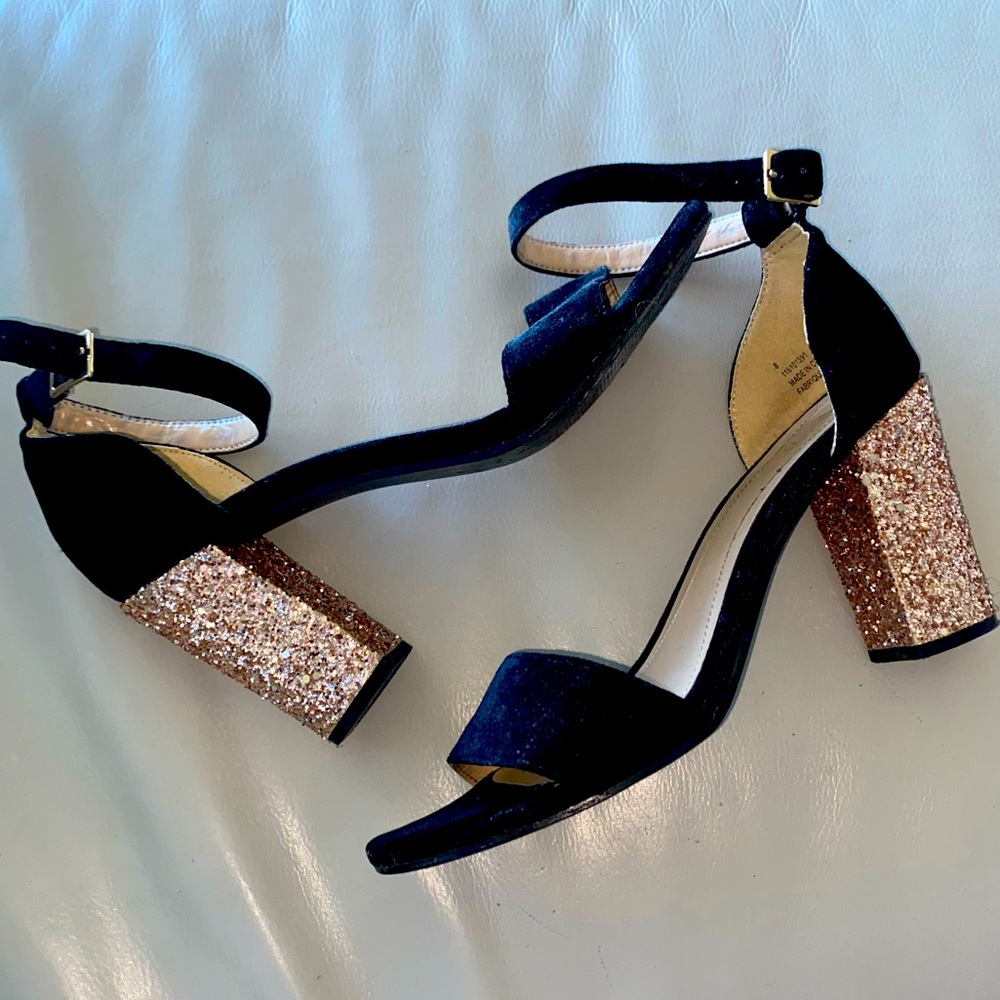 Sparkle heel black velvet block heels